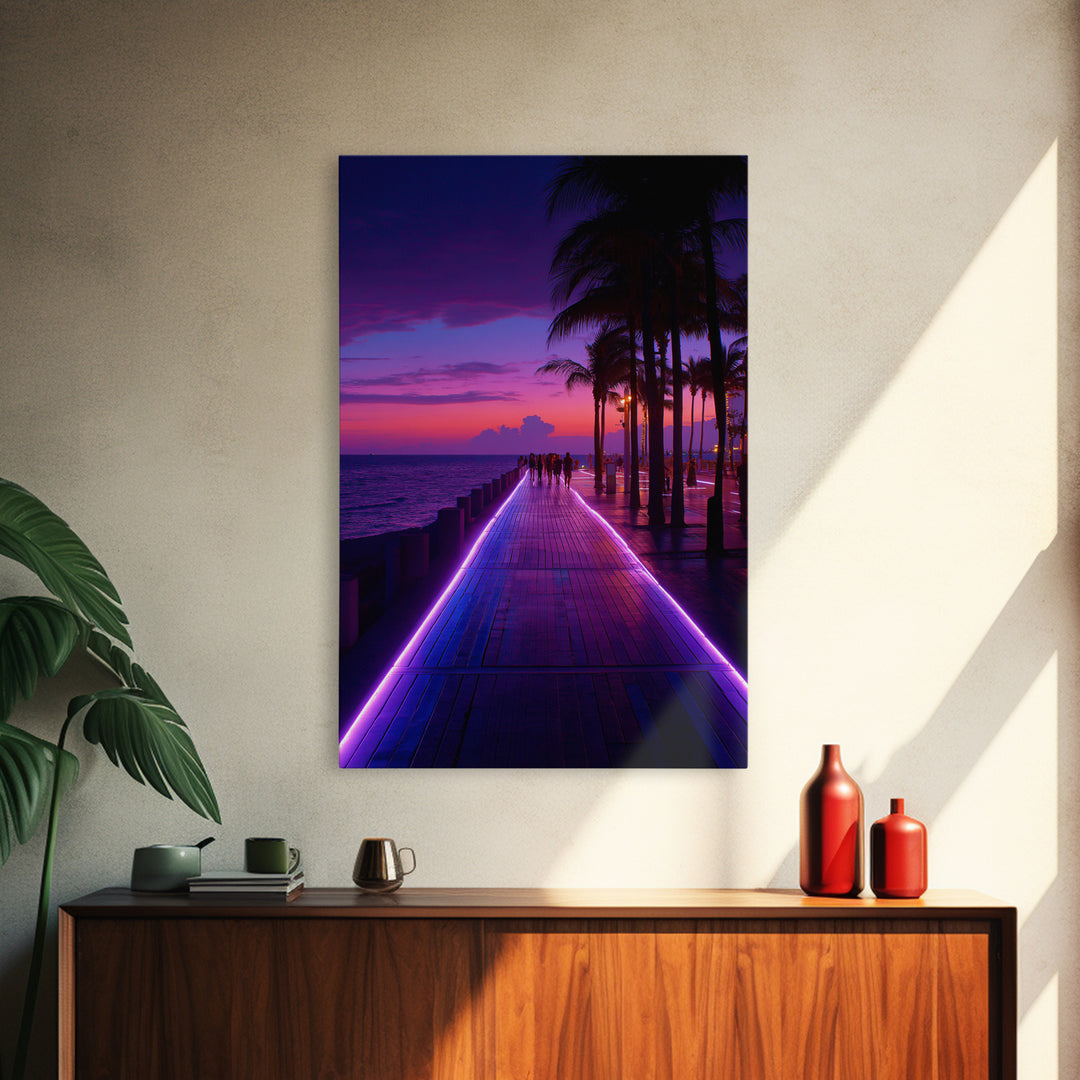 Neon Purple Boardwalk With Palm Trees At Twilight Coastal Photography - Canvas Print Modern Wall Art For Home Decor