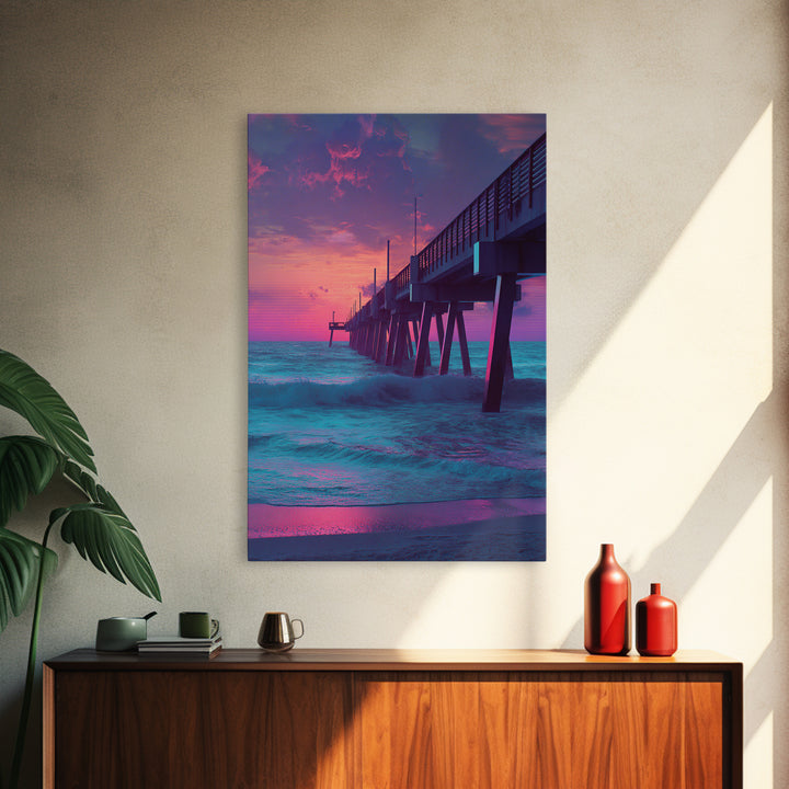 Mystical Purple And Blue Ocean Pier Sunset Wall Art Print For Beach House And Coastal Decor Canvas Print