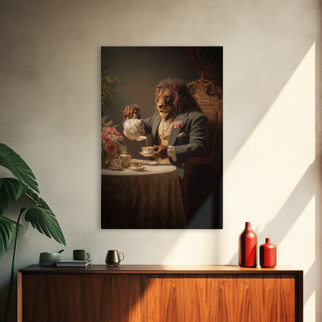 Regal Lion Pouring Tea In Victorian Parlor Canvas Print, Whimsical Animal Wall Art, Dark Academia Dining Room Decor Gift