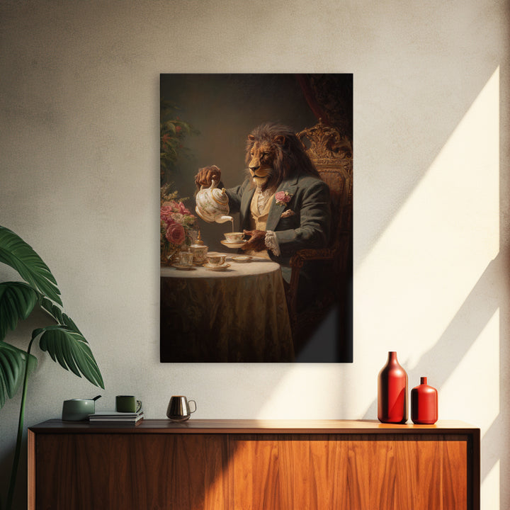 Regal Lion Pouring Tea In Victorian Parlor Canvas Print, Whimsical Animal Wall Art, Dark Academia Dining Room Decor Gift