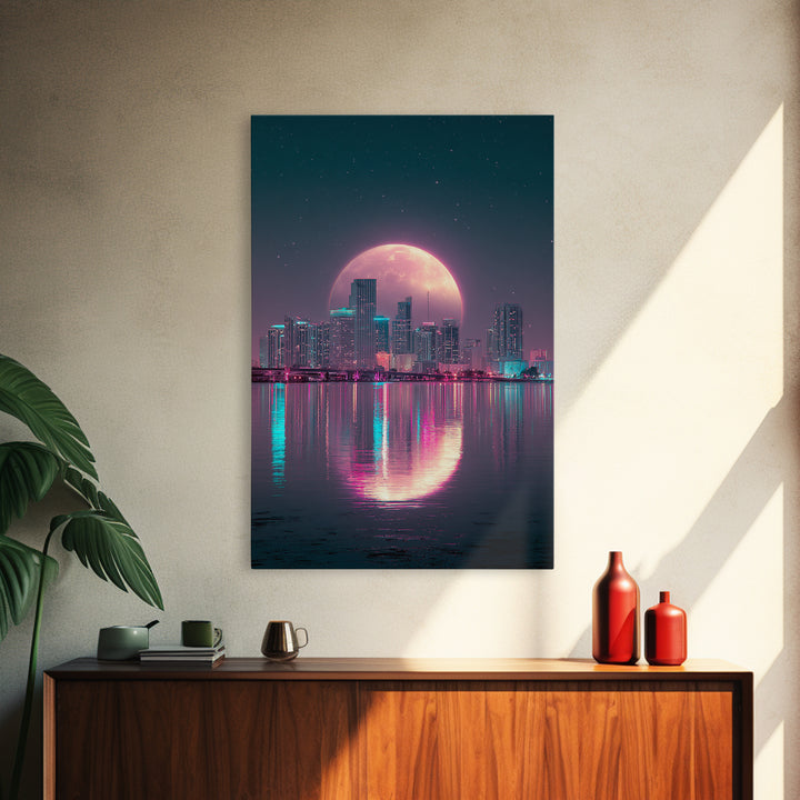 Giant Pink Moon Over Tropical Cityscape Sunset Urban Modern Wall Art Canvas Print
