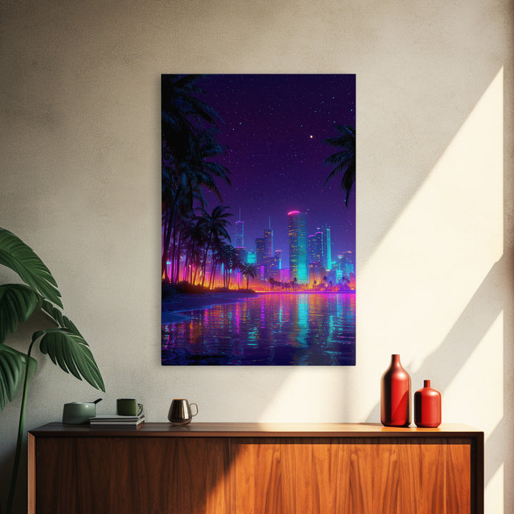 Neon Cityscape At Night With Reflections And Palm Trees Wall Art Framed Canvas Print For Modern Living Room Decor