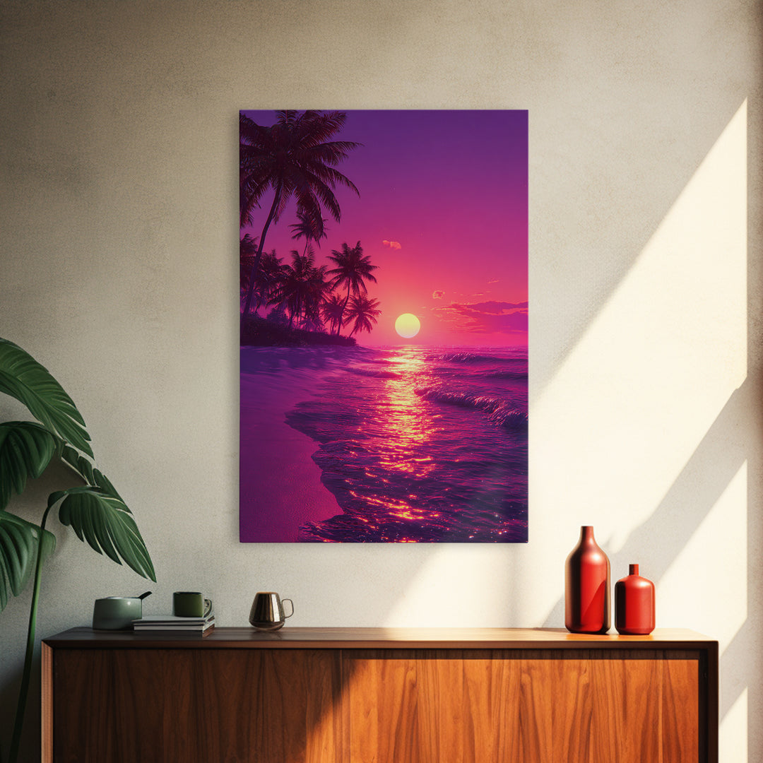 Tropical Sunset Beach Landscape Canvas Print With Pink Palm Trees And Ocean Waves Coastal Wall Art Home Decor For Living Room