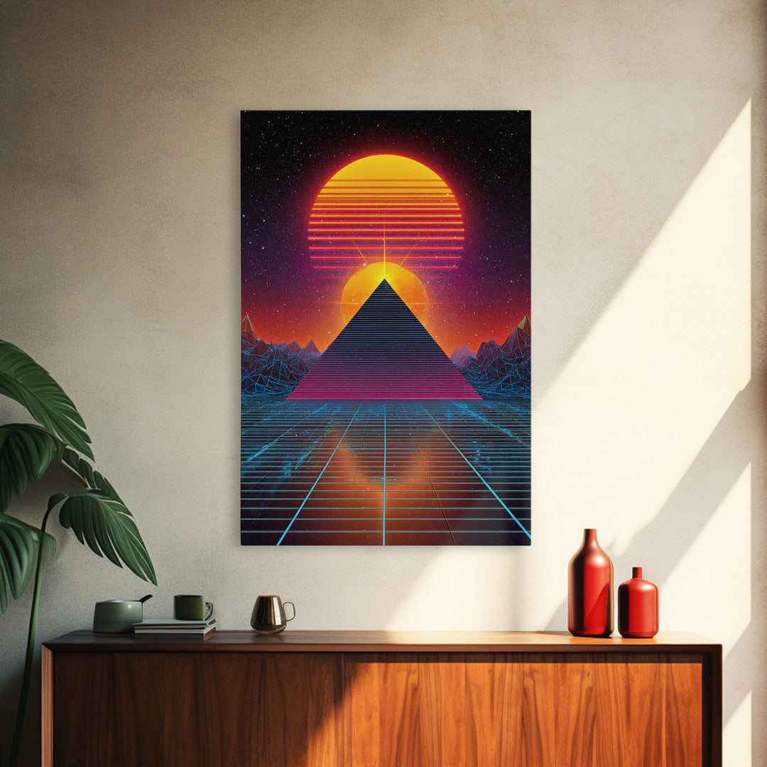 Futuristic Digital Pyramid And Sunset Landscape Sci-Fi Art Print Canvas For Unique Wall Art And Home Decor