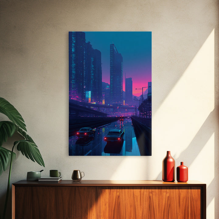 Cyberpunk Cityscape At Dusk With Neon Lights And Rain Reflections Modern Wall Art For Home Decor And Office