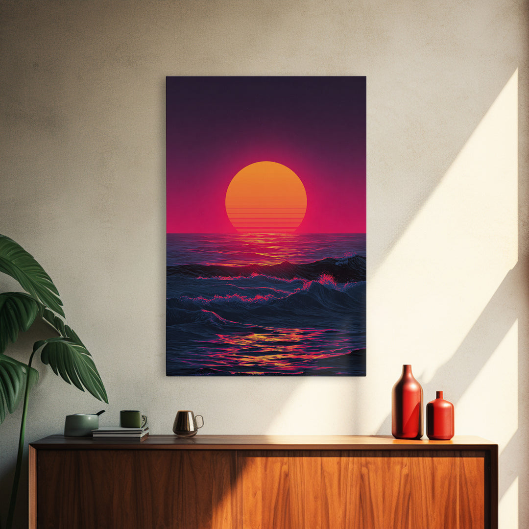 Vibrant Retro Abstract Neon Sunset Over Ocean Waves With Pink And Purple Horizon Wall Art Canvas Print For Bold Home Decor