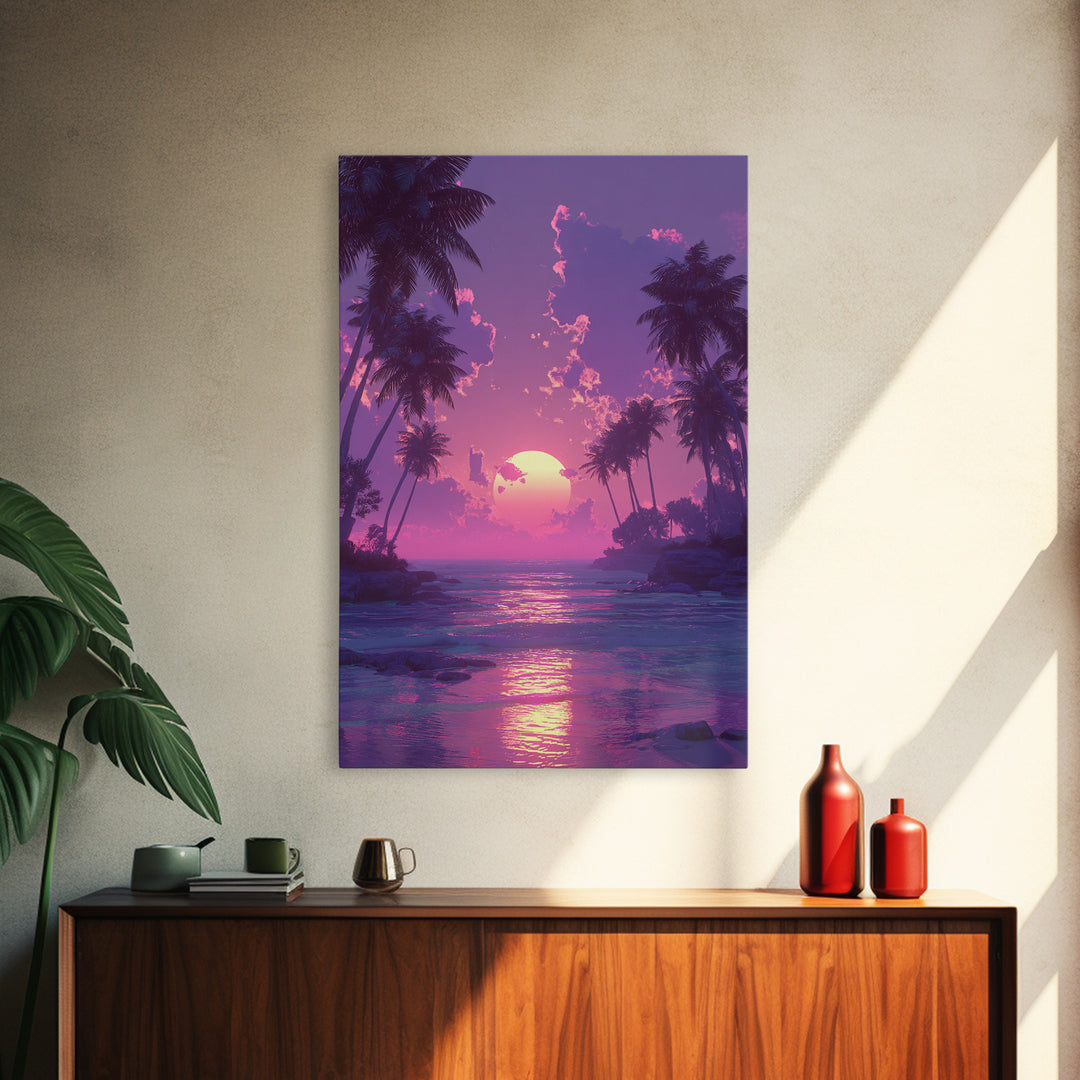Peaceful Pink Purple Sunset Between Palm Trees Over Gentle Ocean Waves Framed Canvas Print For Home