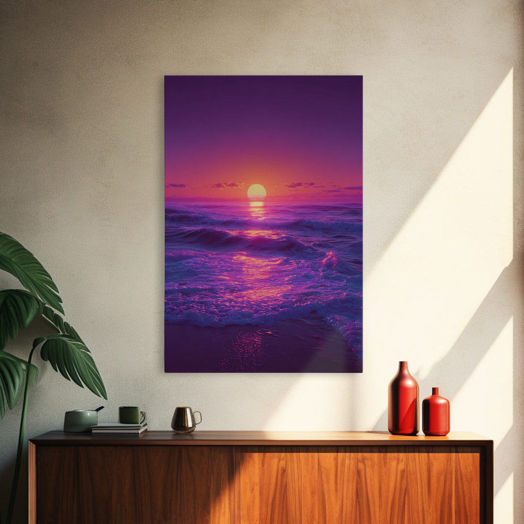 Surreal Ocean Sunset With Deep Purple And Pink Hues Canvas Print For Bedroom Wall Art And Coastal Home Decor