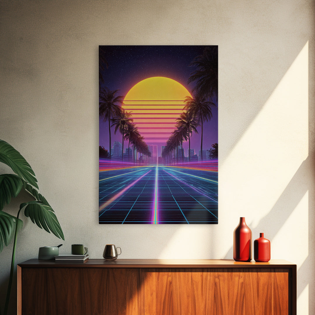 Retro Sunset Over Neon Cityscape With Palm Trees Digital Wall Art Framed Canvas Print Modern Wall Decor