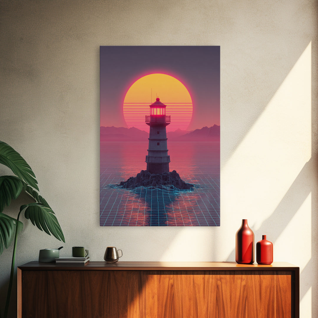 Retro Futuristic Neon Sunset Lighthouse Cityscape Digital Art Vibrant Large Wall Art Framed Canvas Print Modern Decor