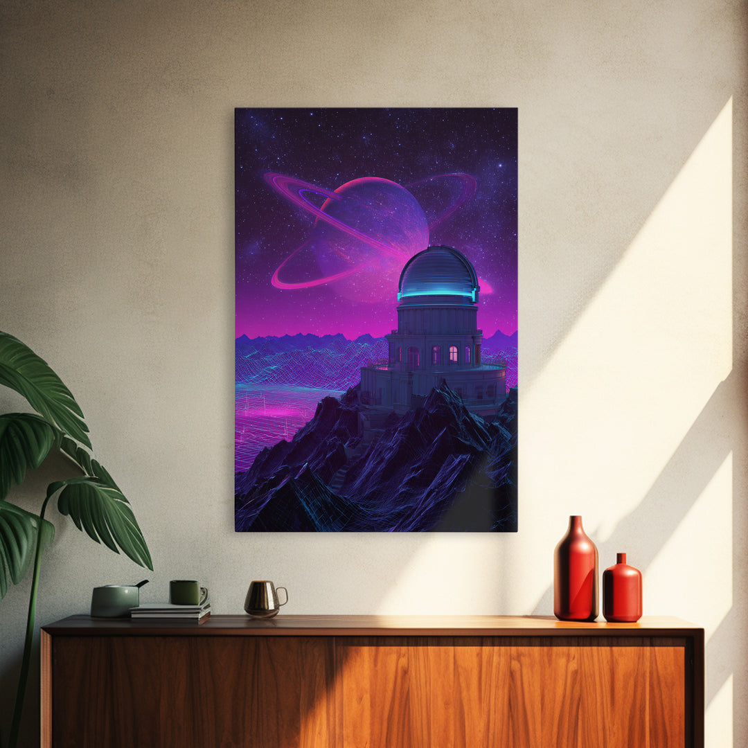 Futuristic Neon Space Observatory With Glowing Planet Against Starry Sky Wall Art Canvas Print For Sci Fi Decor