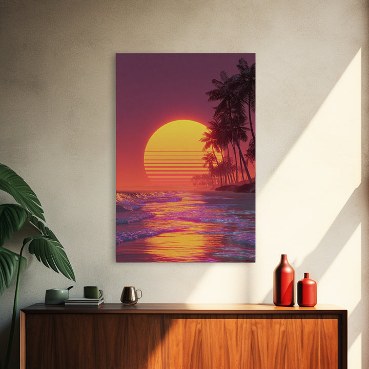 Bright Neon Orange Sun Over Tropical Beach Palm Trees With Stunning Waves Canvas Print Vibrant Modern Wall Art For Home