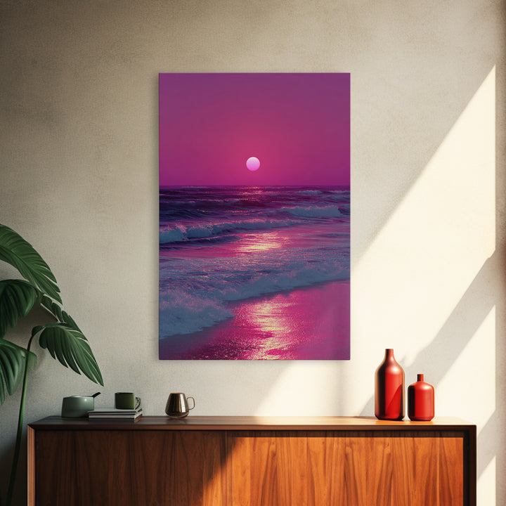 Vibrant Pink Sunset Over Ocean Waves With Reflective Light Coastal Wall Art Canvas Print For Beach House
