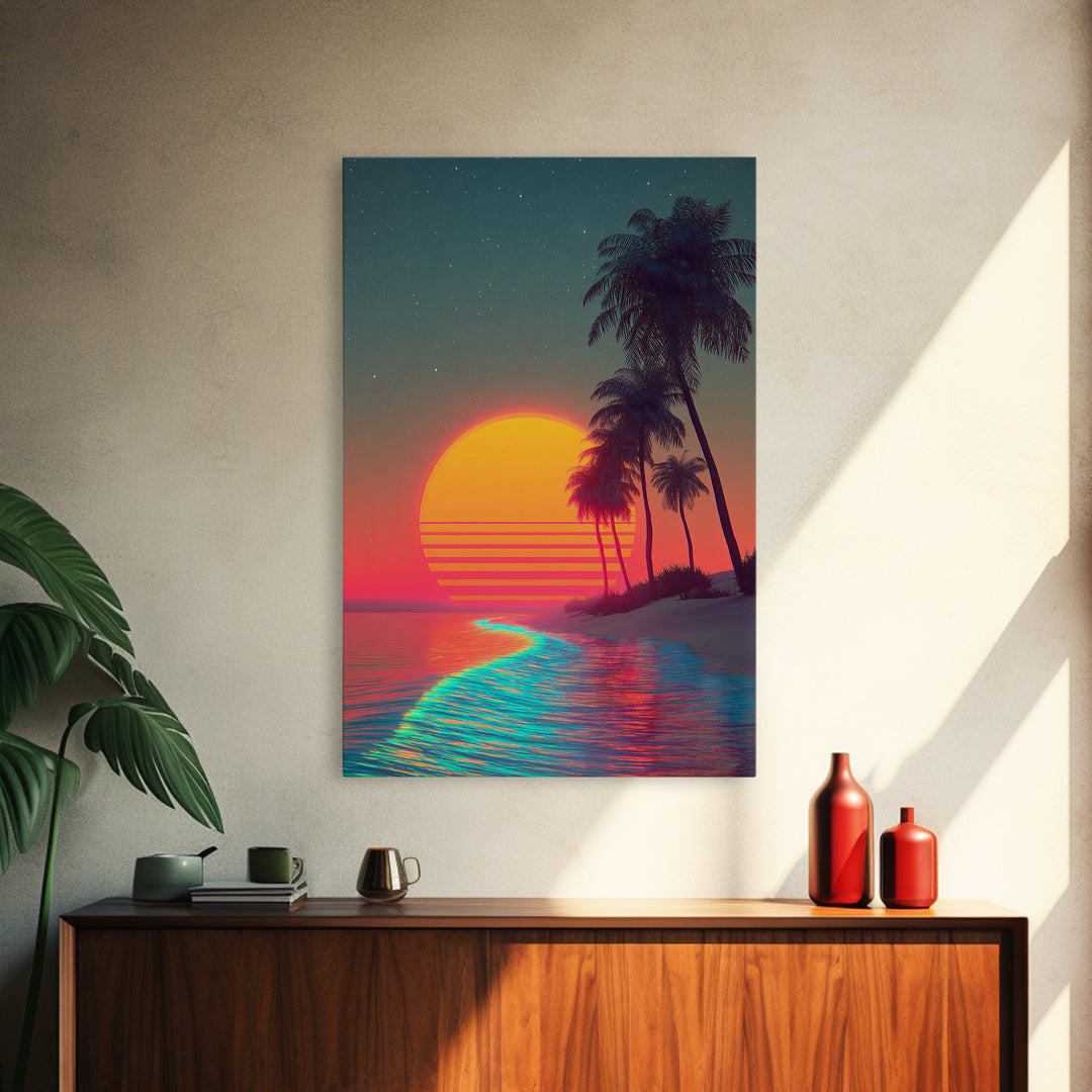 Retro Sunset Beach Landscape With Vibrant Neon Ocean Waves And Palm Trees Canvas Print For Modern Coastal Home Decor