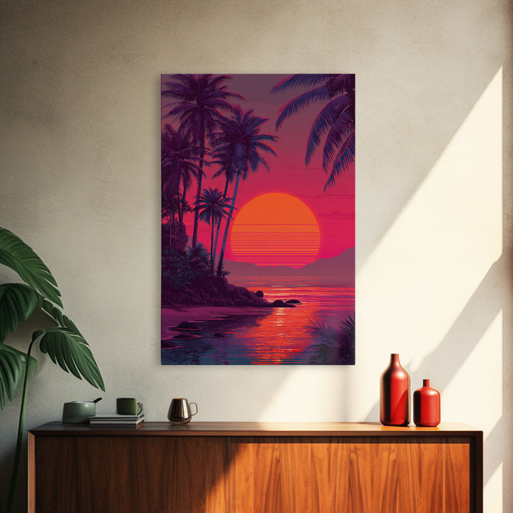 Evocative Tropical Sunset Island Coastal Artwork With Vibrant Red And Pink Sky Canvas Print For Modern Tropical Wall Decor