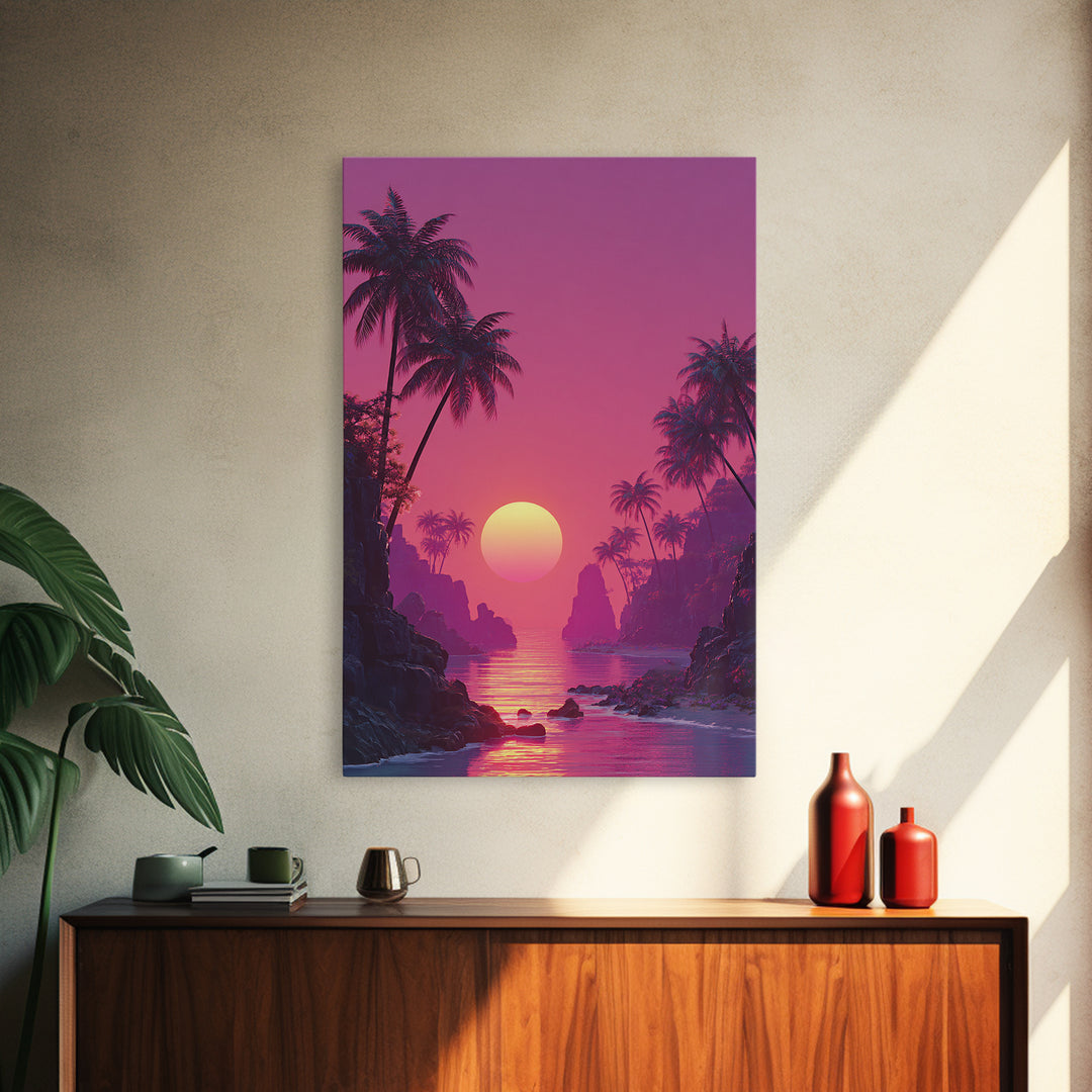 Stunning Pink Sunset Tropical Beach Landscape With Palm Trees Wall Art Canvas Print For Coastal Home Decor And Bedroom
