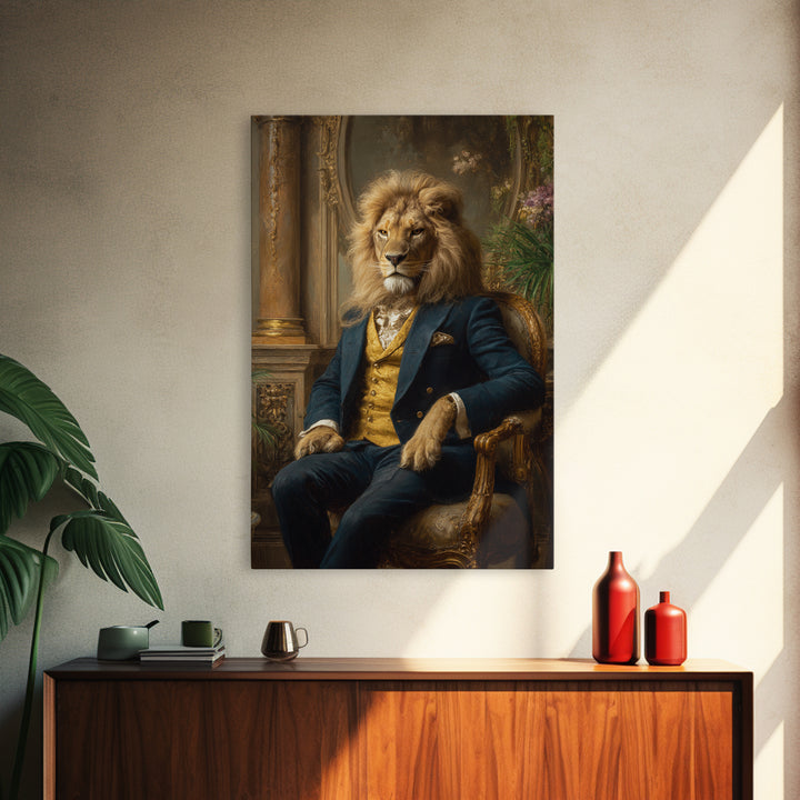 Noble Lion In Blue Suit On Gilded Throne Canvas Print, Regal Animal Wall Art, Luxury Maximalist Office Decor Gift For Him