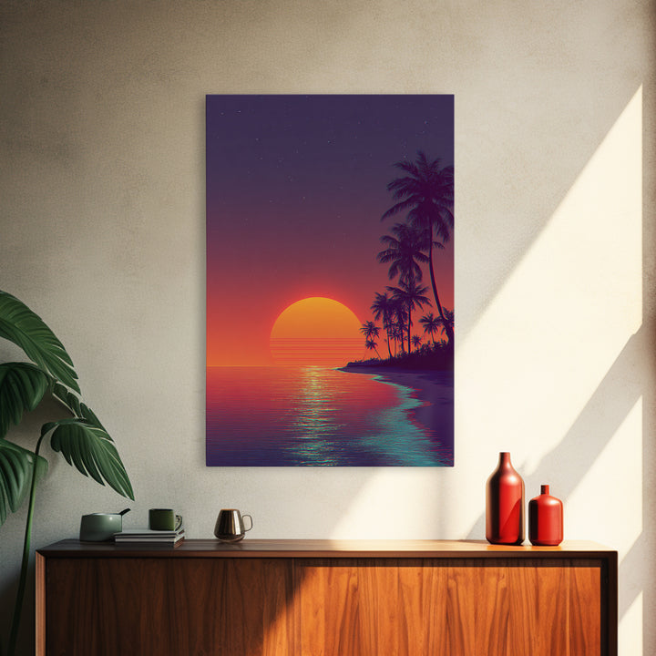Vibrant Retro Sunset Over Tropical Beach Digital Artwork Modern Wall Art Framed Canvas Print Coastal Home Decor
