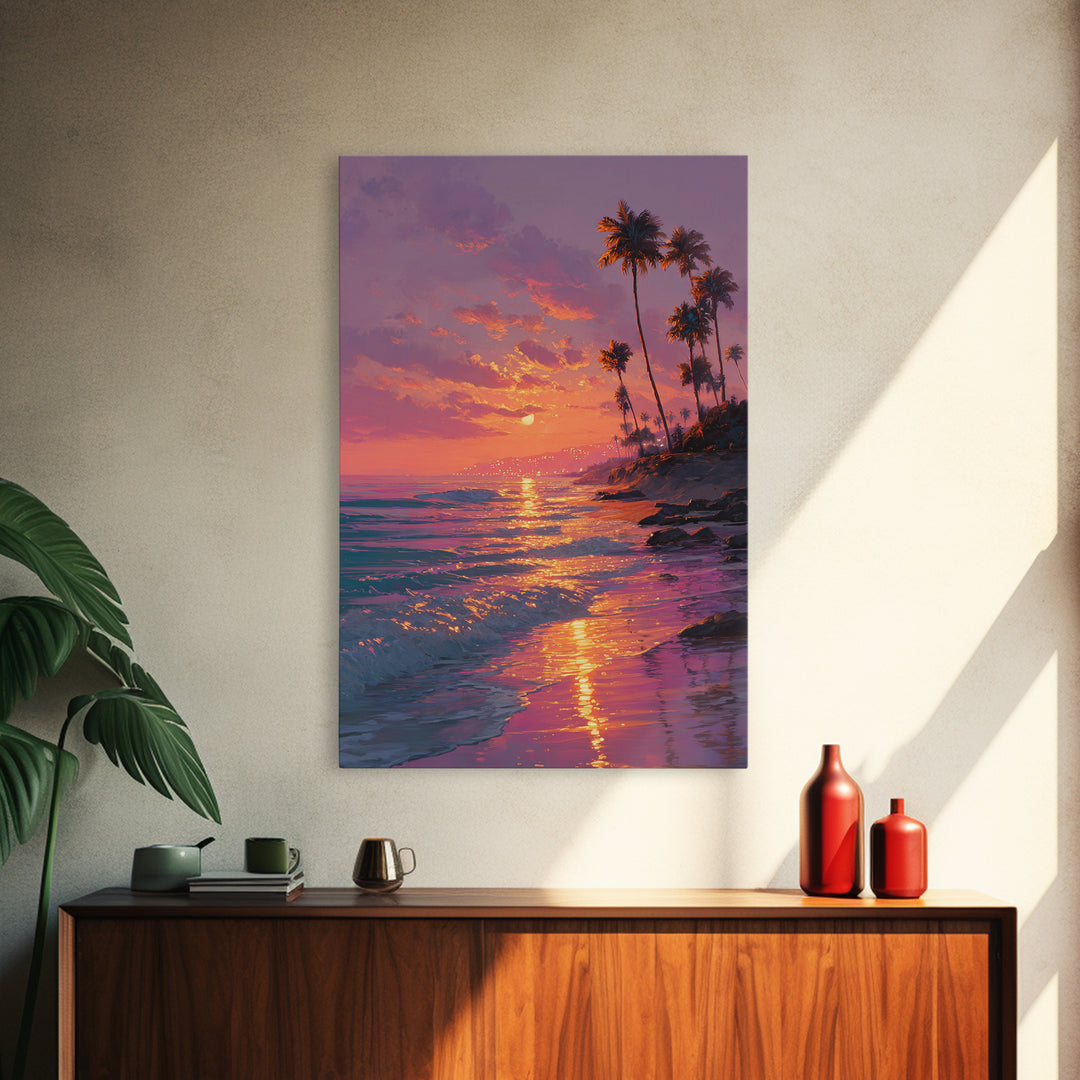 Palm Trees Sunset Beach Landscape Painting Wall Art Canvas Print For Cozy Living Room Modern Coastal Wall Decor