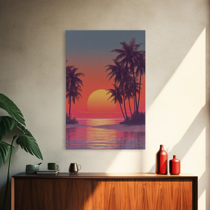 Tropical Sunset Beach Scene Wall Art With Palm Trees And Vibrant Coral Sky Framed Canvas Print Perfect For Coastal Home Decor