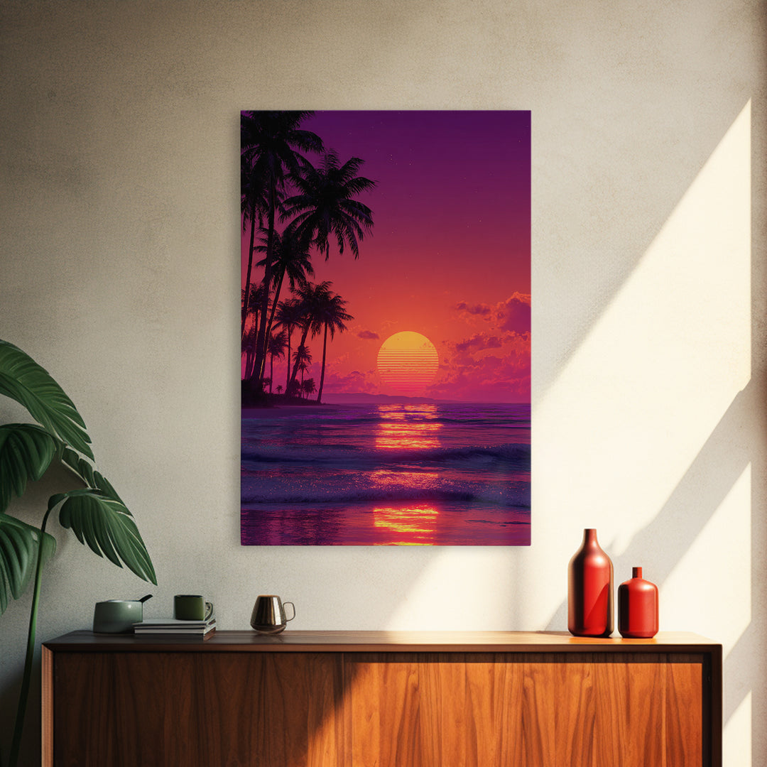 Vibrant Retro Sunset Beach Palm Tree Painting Wall Art Print For Bedroom And Coastal Home Decor Canvas Print