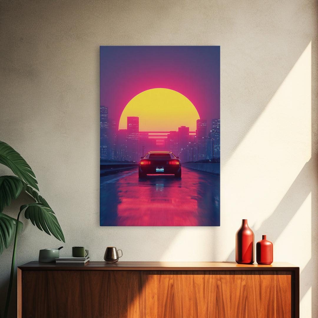 Retro Futuristic Neon Cityscape With Classic Car Sunset Wall Art Canvas Print Gaming Room Decor Modern Urban Art