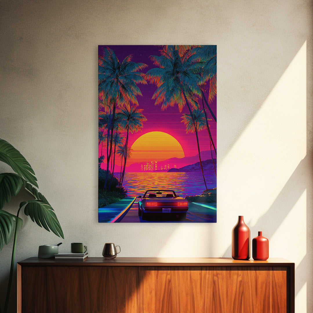 Retrowave Neon Sunset With Palm Trees And Convertible Car Canvas Print For Modern Wall Art Coastal Home Decor