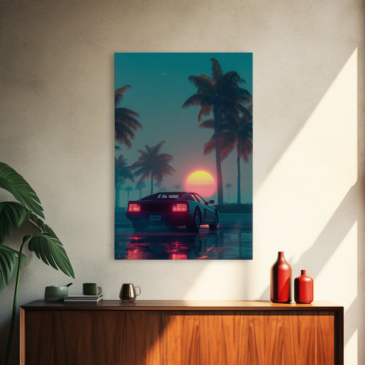 Retro Futuristic Car At Sunset Surrounded By Palm Trees With Neon Glow Vibrant Digital Art Canvas Print