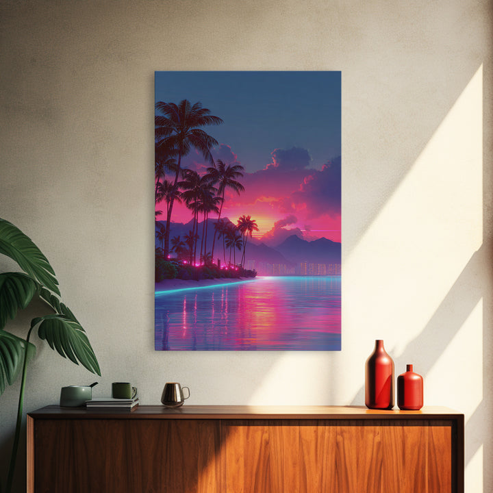 Vibrant Sunset Over Tropical Beach With Palm Trees And Reflective Ocean Modern Wall Art Print Canvas
