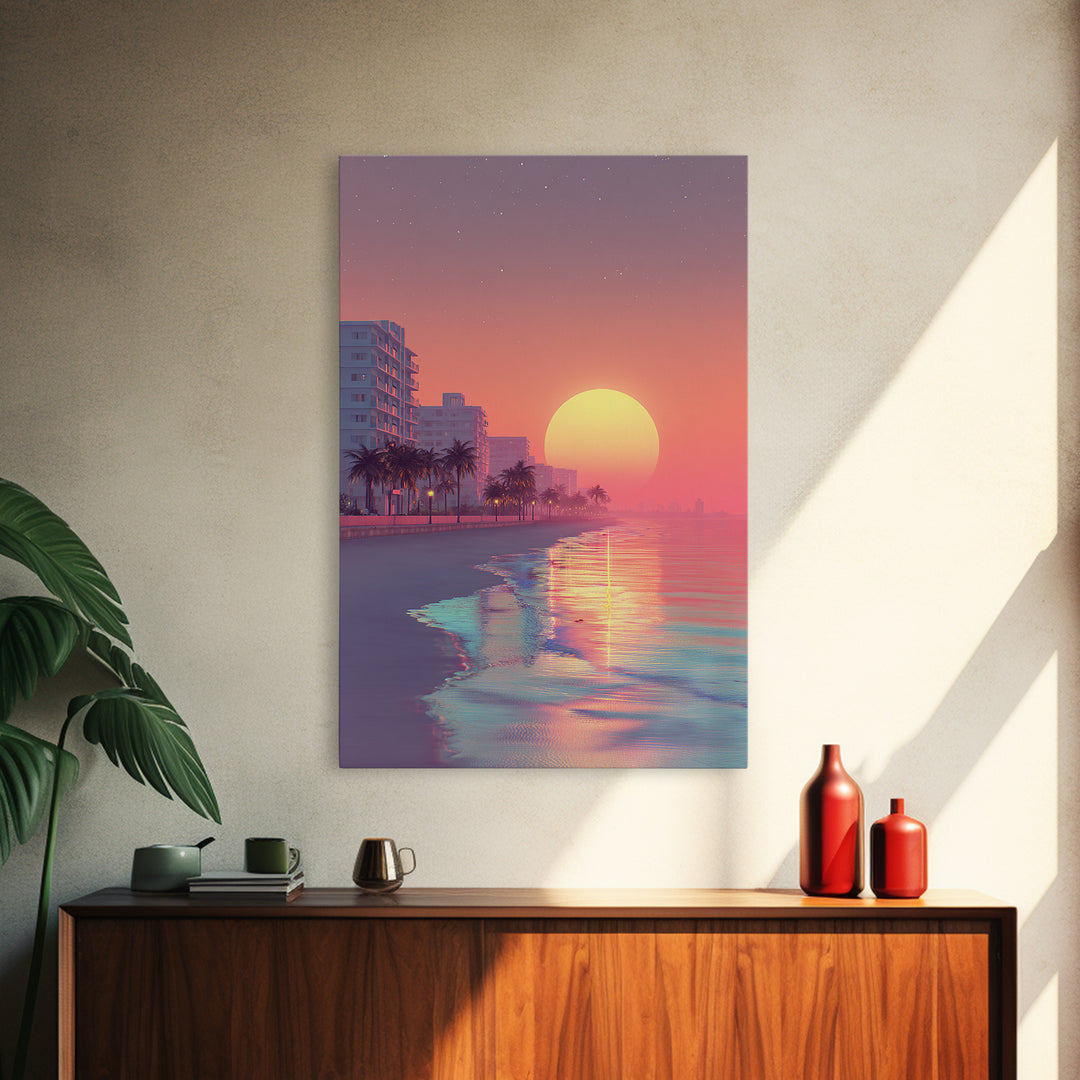 Peaceful Urban Beach Boardwalk Sunset Vibrant Wall Art Canvas Print For Contemporary Living Room Decor Tropical Coastal Vibes