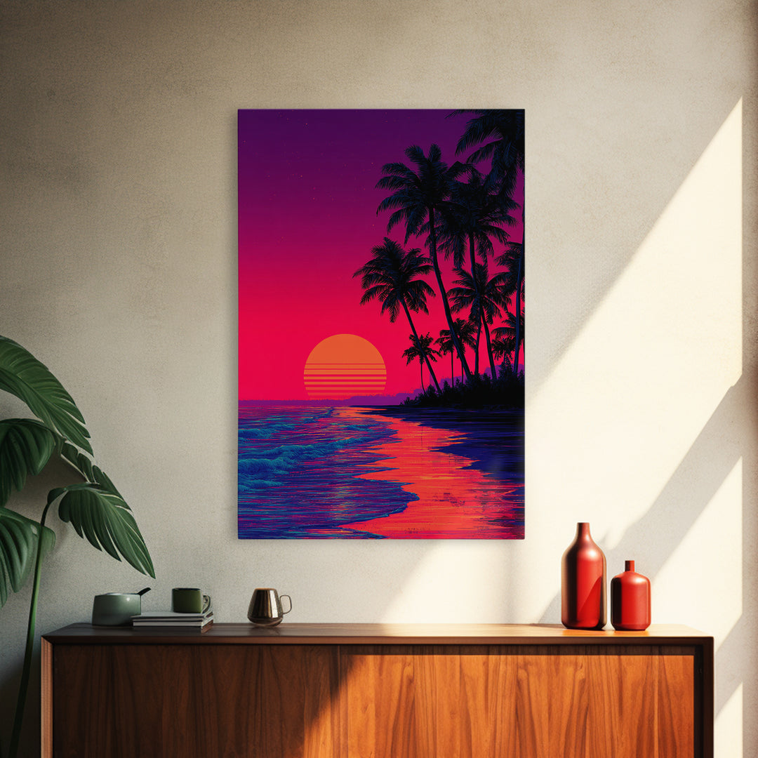 Vibrant Sunset Over Tropical Beach With Palm Trees Digital Wall Art Framed Canvas Print For Home Decor