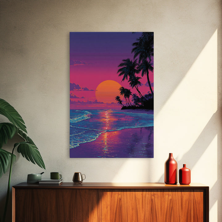 Digital Tropical Beach Sunset Wall Art Vibrant Retro Canvas Print For Coastal Living Room Decor And Relaxing Home Vibes