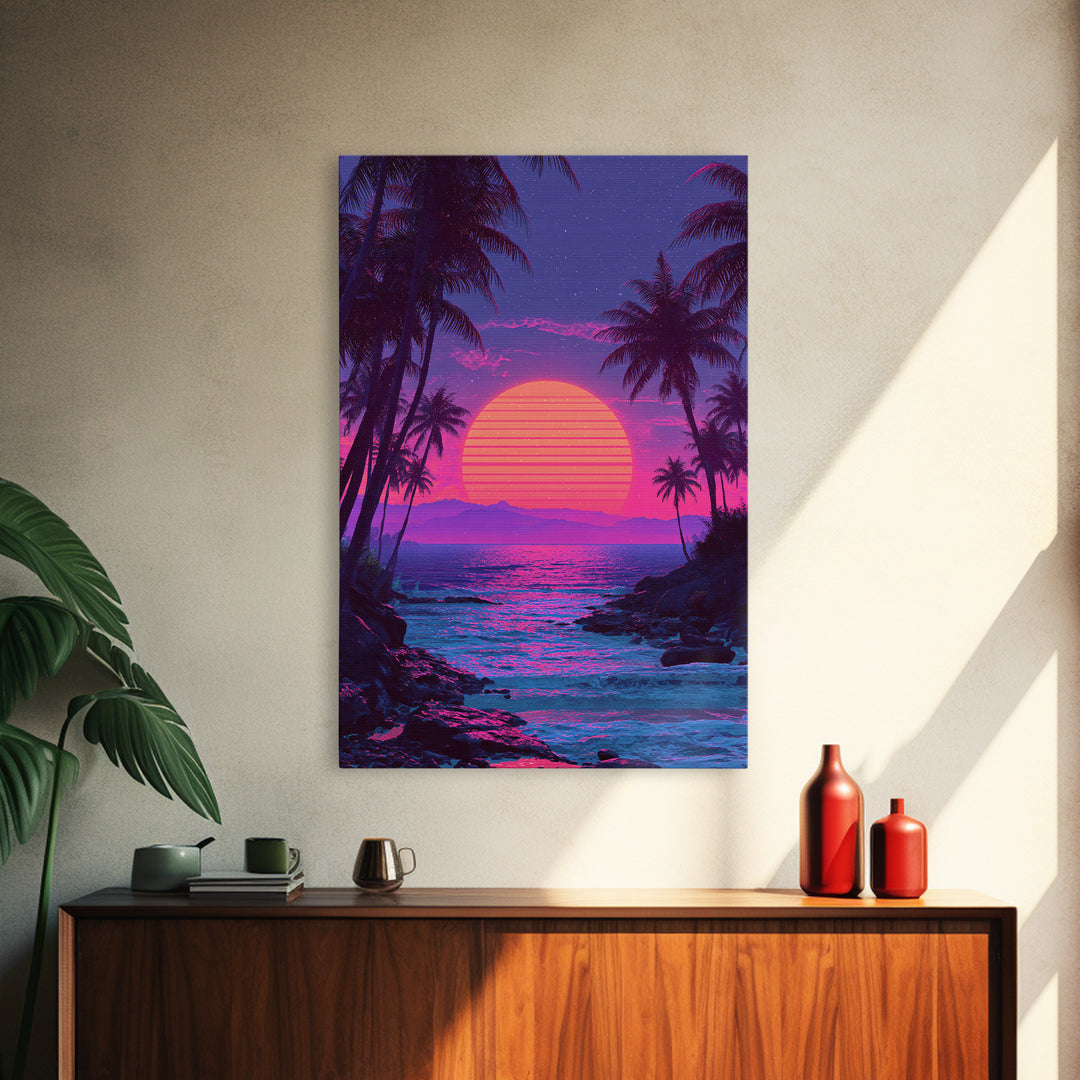 Vibrant Pink And Purple Tropical Beach Sunset With Palm Trees And Calm Ocean Retro Style Canvas Print