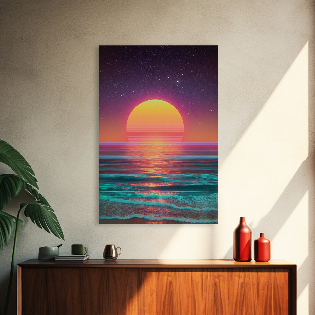 Digital Neon Sunset Ocean Wave Artwork Vibrant Abstract Modern Wall Art Large Framed Canvas Print Coastal Home Decor