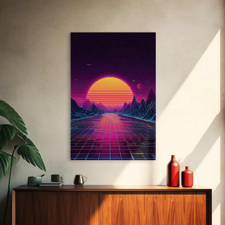Retro Futuristic Sunset Landscape With Neon Grid Mountains And Starry Sky Wall Art Canvas Print For Modern Home Decor