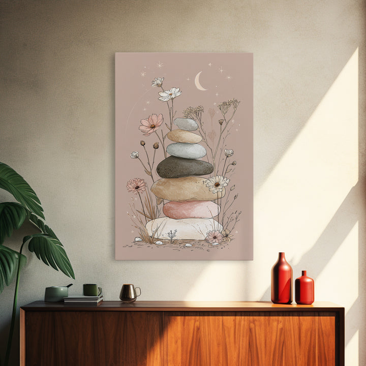 Stacked Zen Stones And Wildflowers Wall Art, Spa Bathroom Decor, Meditation Room Art, Neutral Boho Print, Calming Home Decor
