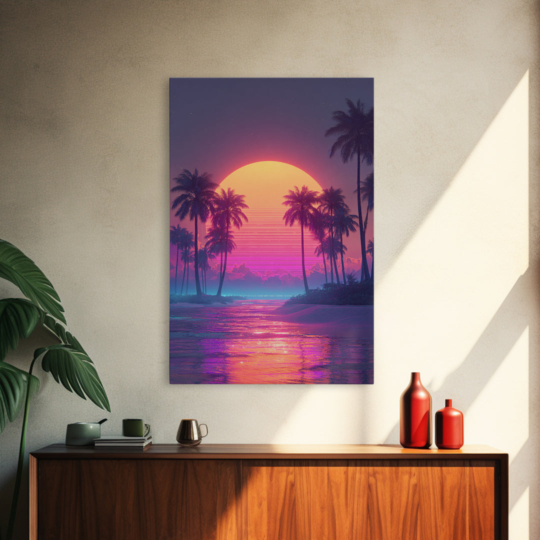 Vibrant Retro Sunset Over Tropical Beach With Palm Trees Large Wall Art Framed Canvas Print Coastal Home Decor