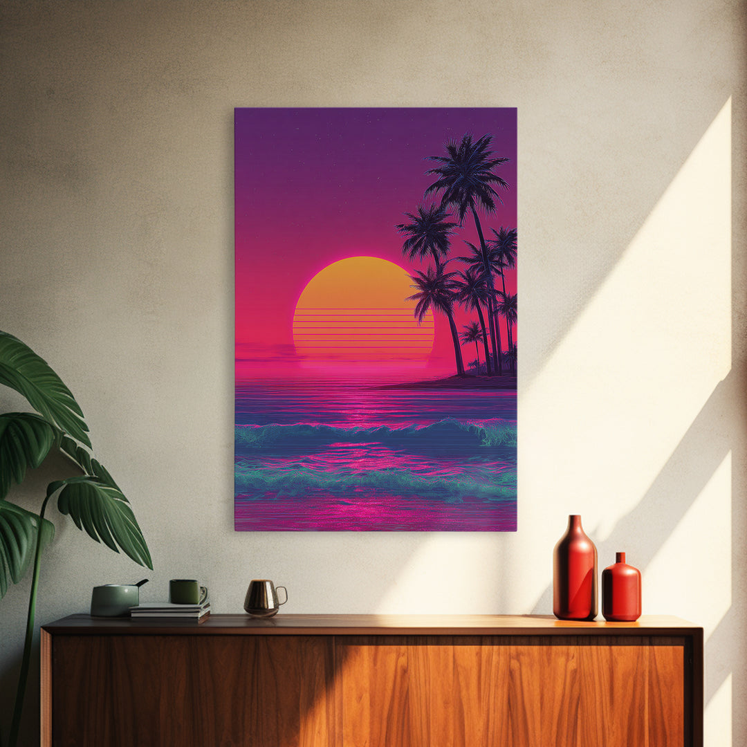 Vibrant Neon Sunset Beach With Palm Trees Retro 80s Themed Wall Art For Living Room Decor Framed Canvas Print