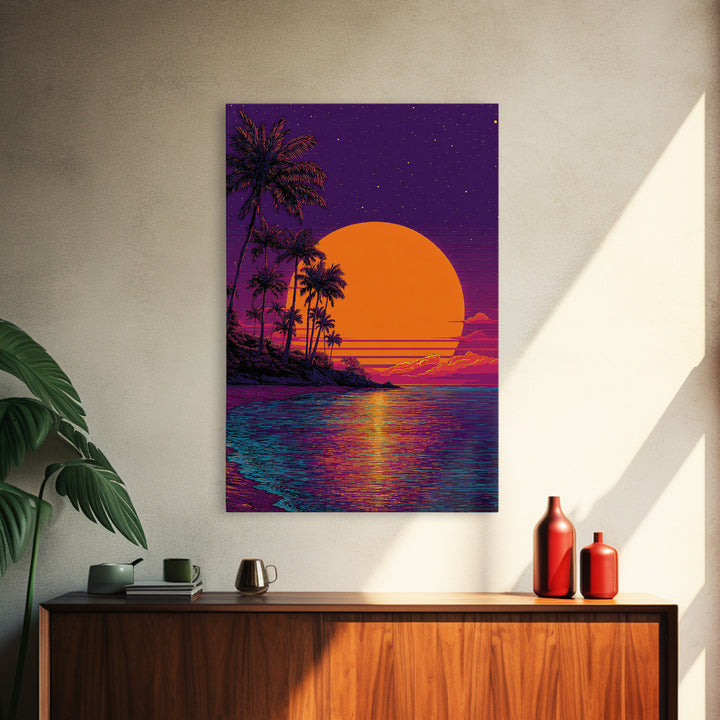 Tropical Sunset With Palm Trees Over Water Vibrant Coastal Wall Art Framed Canvas Print