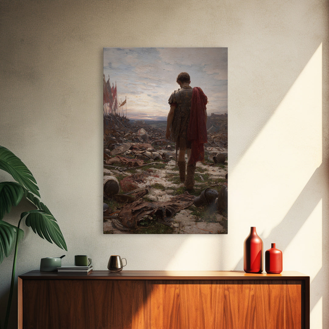 Lone Roman Soldier Framed Canvas Print, Battlefield Wall Art, Historical Warrior Oil Painting, Dark Academia Office Decor
