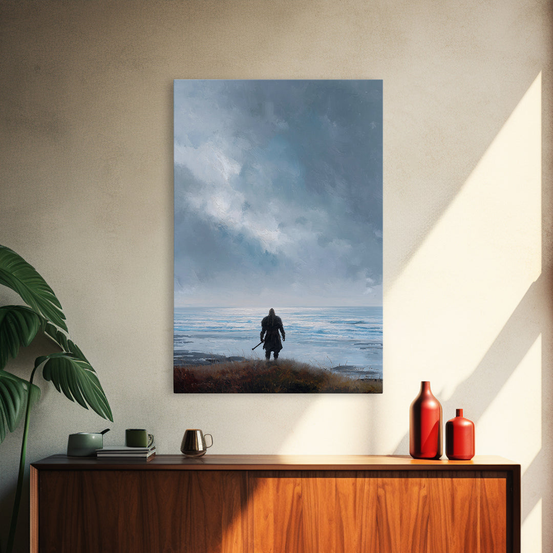 Lone Warrior Facing Cold Blue Sea Canvas Print, Minimalist Coastal Wall Art, Moody Seascape Living Room Decor, Above Bed Art