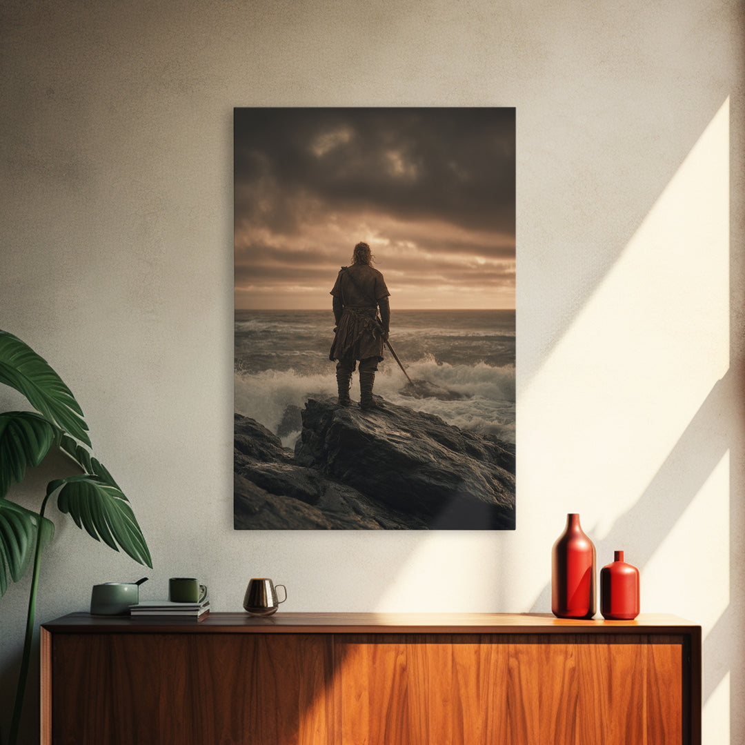 Lone Warrior On Stormy Shore Canvas Print, Moody Seascape Wall Art, Coastal Fantasy Decor, Masculine Bedroom Art Print Gift
