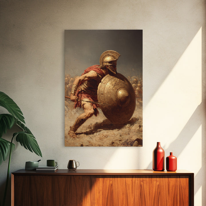 Ancient Greek Hoplite With Bronze Shield Wall Art, Spartan Warrior Canvas Print, Classical History Office Decor, Gift For Him