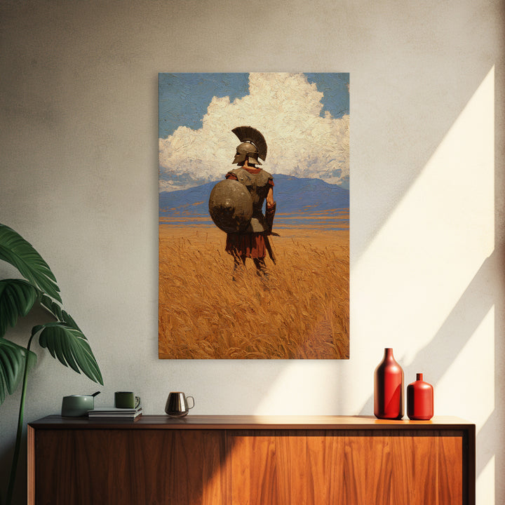 Spartan Warrior In Golden Field Canvas Print, Greek Hoplite Landscape Painting, Ancient History Wall Decor For Office Gift