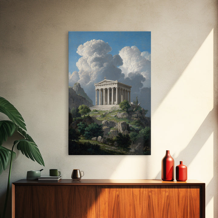 Ancient Greek Temple Under Towering Clouds Canvas Print, Classical Landscape Wall Art, Mediterranean Home Decor, Fine Art