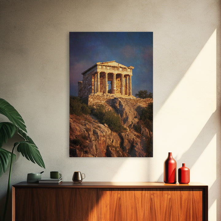 Golden Greek Temple On Rocky Hill Wall Art, Ancient Greece Landscape Painting, Mediterranean Decor, Travel Art Print, Gift For Him