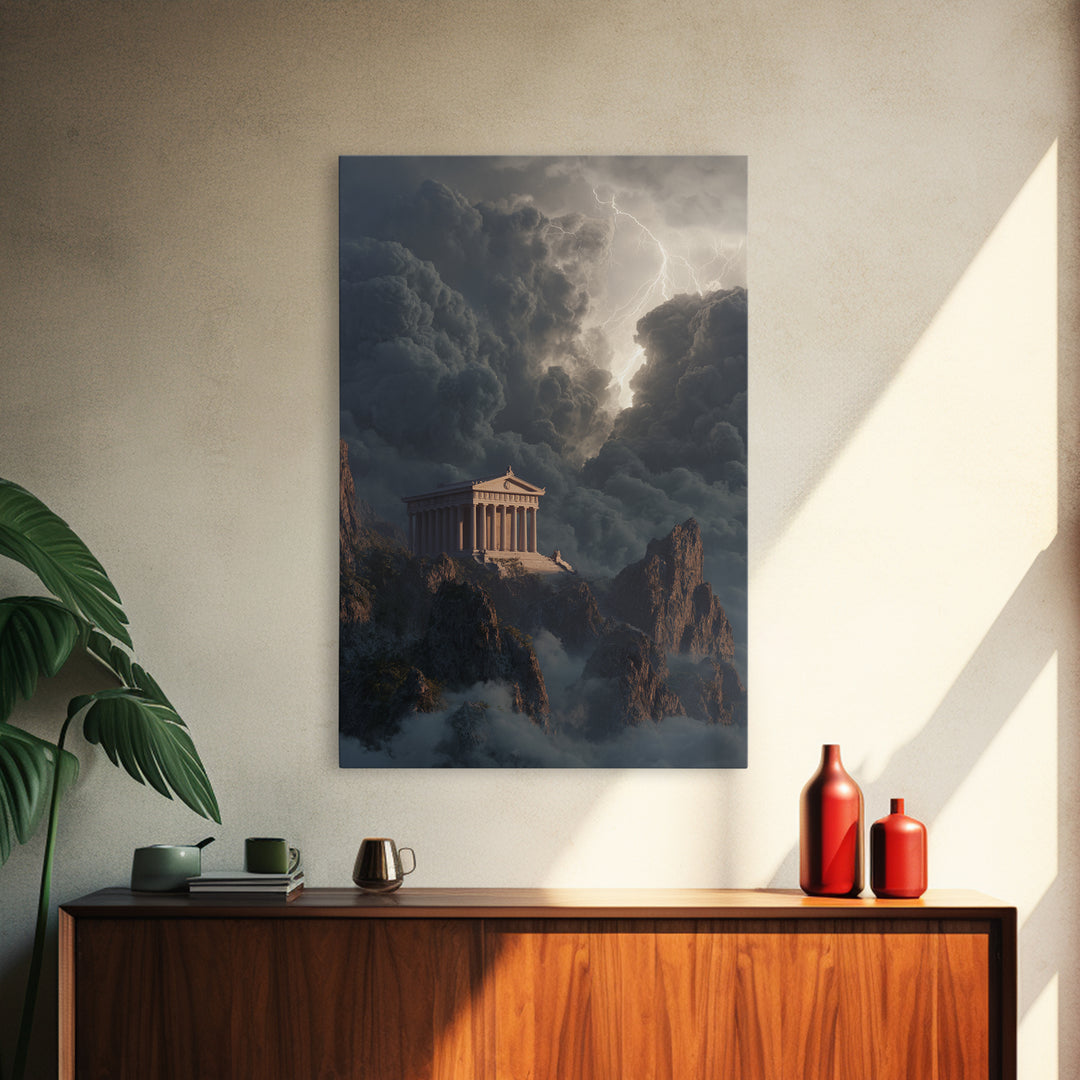 Ancient Greek Temple In Lightning Storm Framed Canvas Print, Mythological Wall Art, Dramatic Landscape Decor, Office Art
