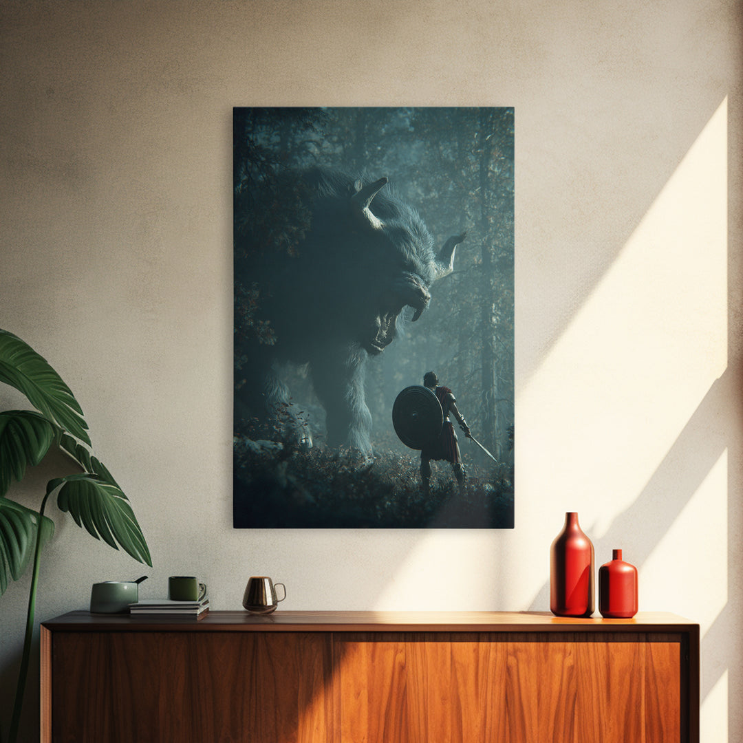Warrior Facing Giant Wolf In Forest Wall Art, Dark Fantasy Canvas Print, Mythical Creature Decor, Gift For Gamer, Adventure Art