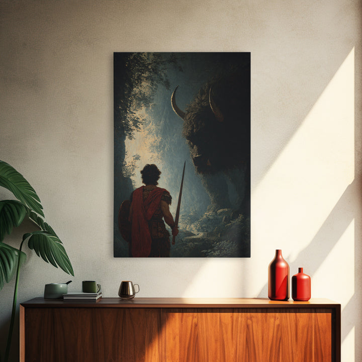 Warrior Facing Shadowed Minotaur Wall Art, Dark Fantasy Oil Painting, Mythological Art Print, Gothic Home Decor Gift For Him