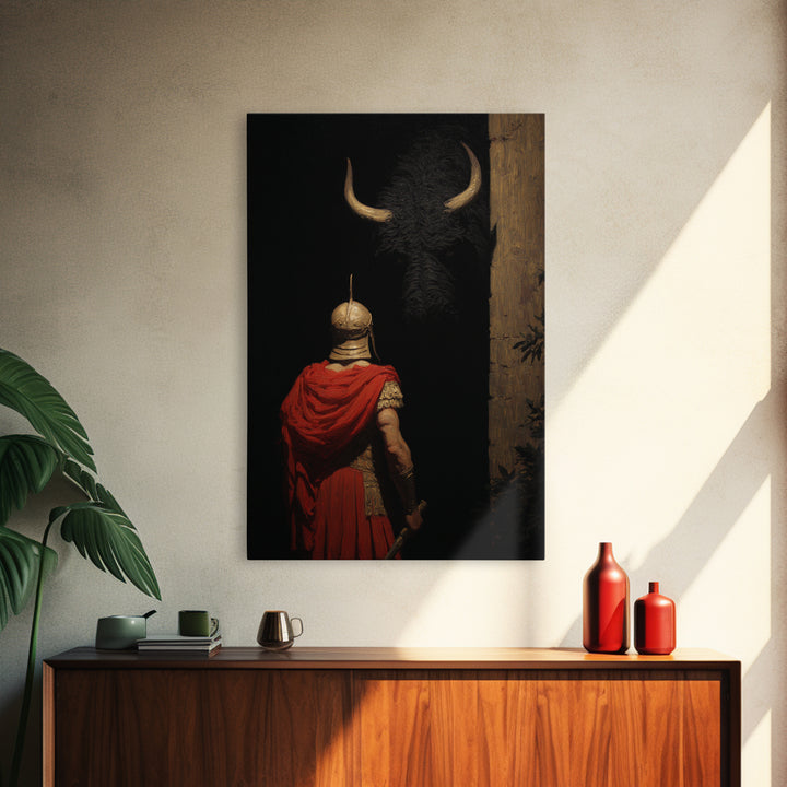 Roman Soldier Facing Shadowed Bull Framed Canvas Print, Mythological Art, Dark Academia Decor, Ancient Classical Wall Art